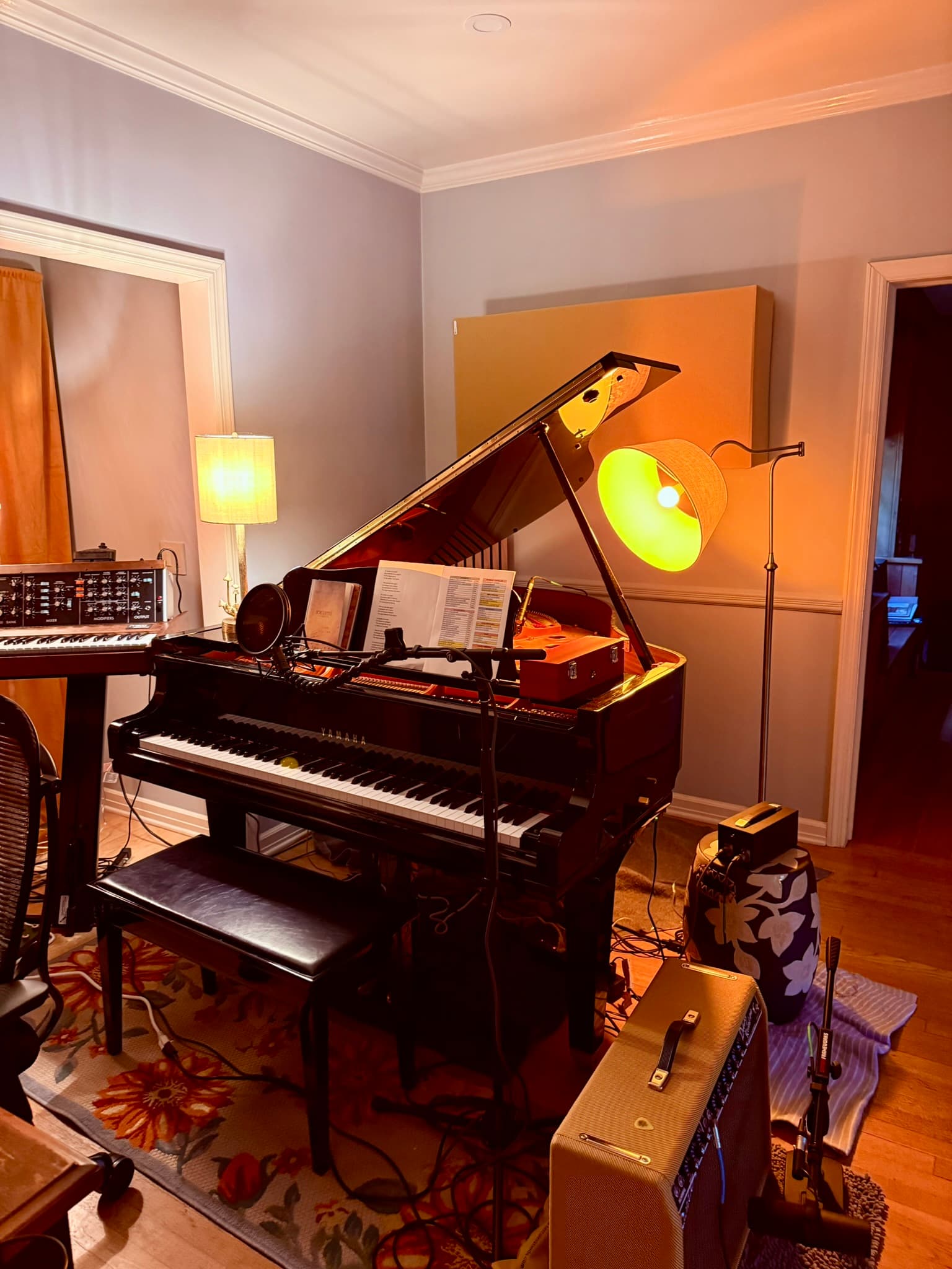 Closer view of the GC1 with the Deluxe Reverb in the foreground and a GIK bass trap on the wall behind